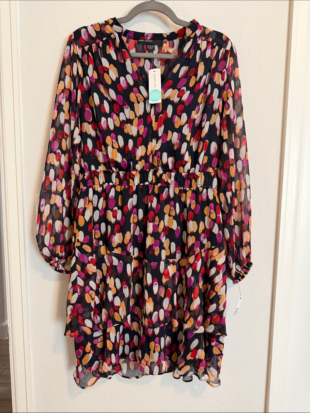 Maggy London Black Dress with Pink, Orange, Cream & Red Brushstroke Print